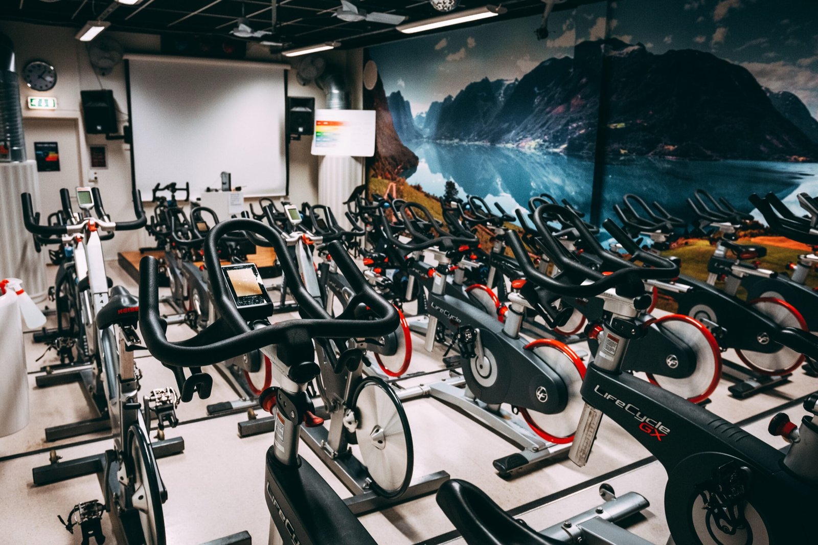 Sykkelsalen med rader av spinningsykler foran et fjellmotiv på veggen